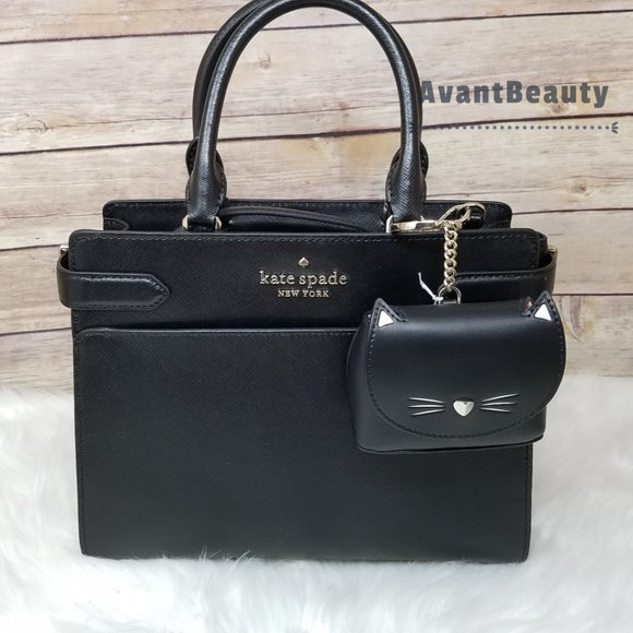 Kate Spade New York Staci Medium Satchel Black Crossbody With Cat Meow Key Fob - Picture 9 of 15